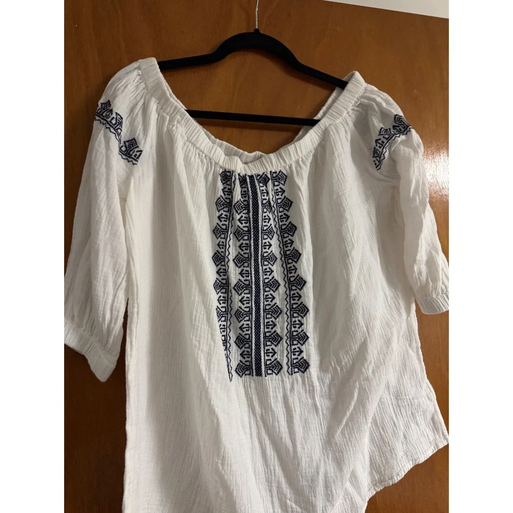 Beachlunchlounge White Cotton Gauze Embroidered Peasant Blouse XL Boho Top - Picture 2 of 5